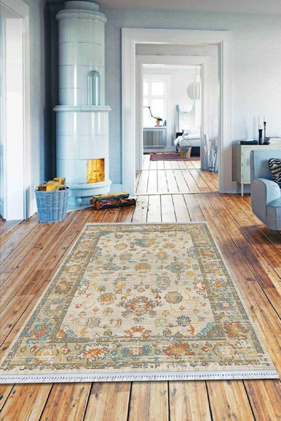 Turuncu Çerçeveli Dokuma Pamuk Taban Kaymaz Kilim KLM031 ürün görseli 1