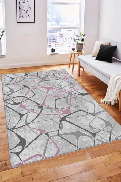 Pembe Geometrik Kaymaz Taban Makinede Yıkanabilir Halı LK001 ürün görseli 1