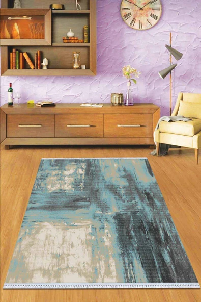 Mavi Spor Desen Dokuma Pamuk Taban Kaymaz Kilim KLM125 ürün görseli 1