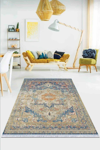 Mavi Klasik Göbekli Dokuma Pamuk Taban Kaymaz Kilim KLM039 ürün görseli 1