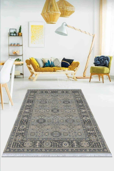 Gri Çerçeveli Dokuma Pamuk Tabanlı Kaymaz Kilim KLM179 ürün görseli 1