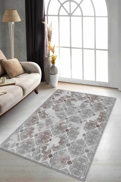 Gri Damask Desen Kaymaz Tabanlı Dekoratif Halı AL001 ürün görseli 1