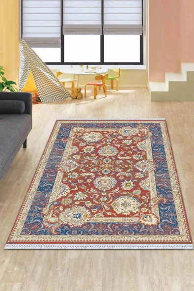 Kiremit Çerçeveli Dokuma Pamuk Taban Kaymaz Kilim KLM284 ürün görseli 1