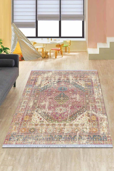 Pembe Klasik Göbekli Dokuma Pamuk Taban Kaymaz Kilim KLM108 ürün görseli 1