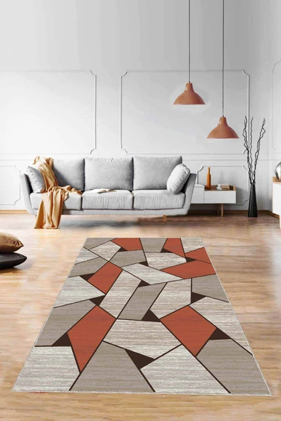 Tarçın Geometrik Kaymaz Taban Makinede Yıkanabilir Halı WL09 ürün görseli 1