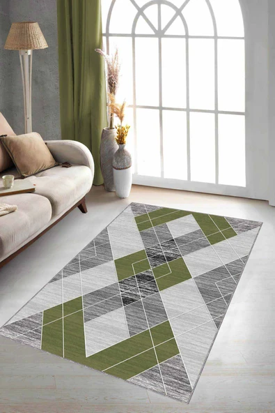 Yeşil Geometrik Kaymaz Taban Makinede Yıkanabilir Halı DD04 ürün görseli 1