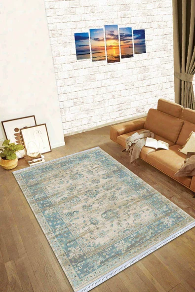 Turkuaz Çerçeveli Dokuma Pamuk Taban Kaymaz Kilim KLM265 ürün görseli 1