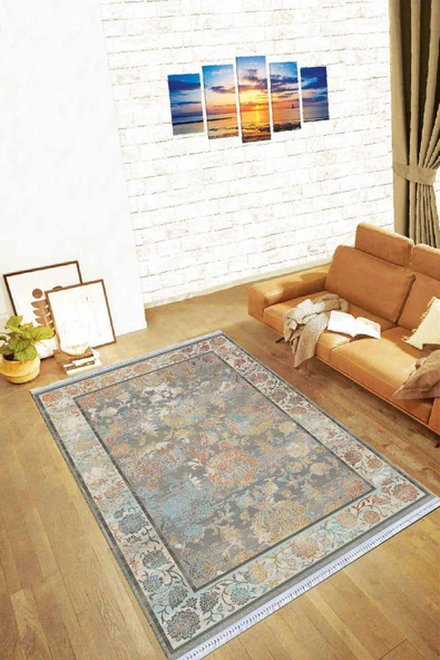 Çok Renkli Çerçeveli Dokuma Pamuk Taban Kaymaz Kilim KLM093 ürün görseli 1