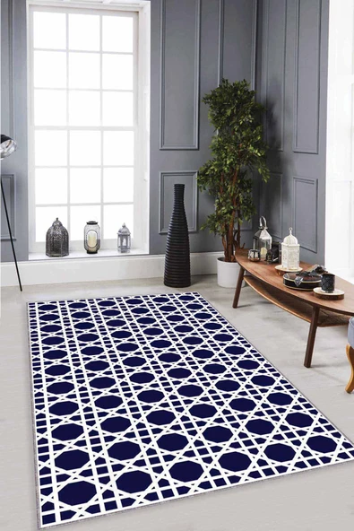 Lacivert Petek Kaymaz Taban Makinede Yıkanabilir Halı LB006 ürün görseli 1