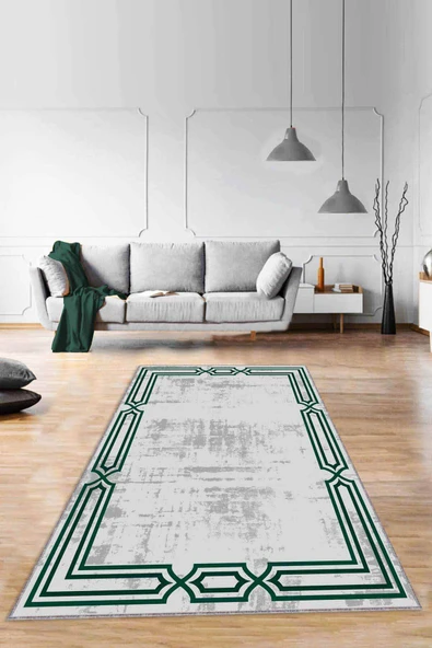 Yeşil Çerçeveli Kaymaz Taban Makinede Yıkanabilir Halı RV080 ürün görseli 1