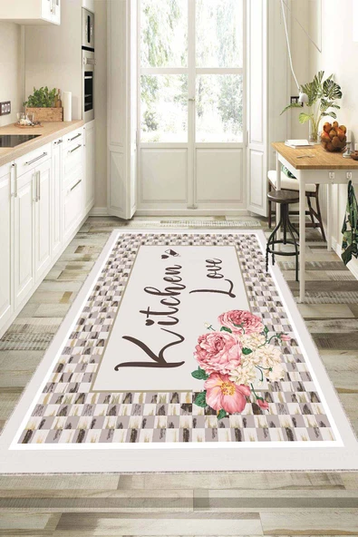 Vizon Kaymaz Tabanlı Kitchen Love Mutfak Halısı Yolluk VH095 ürün görseli 1