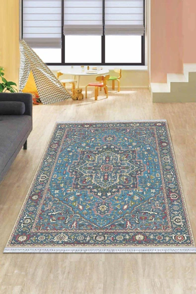 Mavi Klasik Göbekli Dokuma Pamuk Taban Kaymaz Kilim KLM309 ürün görseli 1