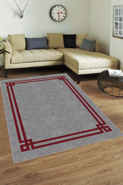 Bordo Çerçeveli Kaymaz Taban Makinede Yıkanabilir Halı RV058 ürün görseli 1