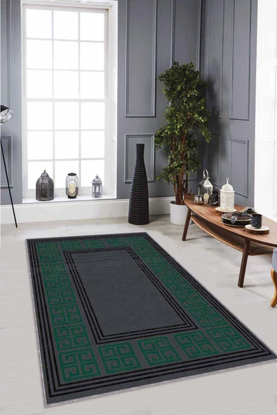 Yeşil Çerçeveli Kaymaz Taban Makinede Yıkanabilir Halı RV036 ürün görseli 1