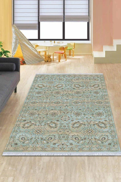 Turkuaz Vintage Dokuma Pamuk Taban Kaymaz Kilim KLM303 ürün görseli 1
