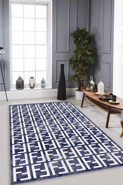 Lacivert Spor Kaymaz Tabanlı Makinede Yıkanabilir Halı LB009 ürün görseli 1