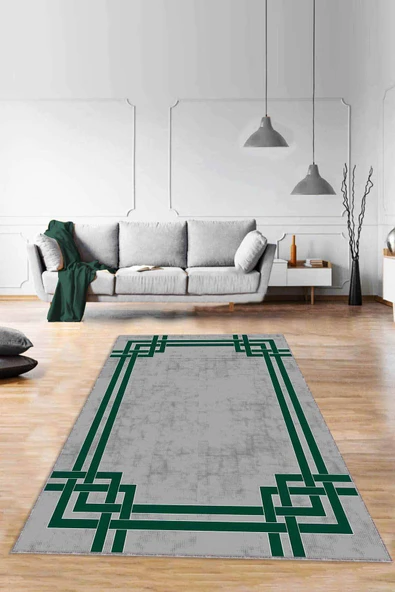Yeşil Çerçeveli Kaymaz Taban Makinede Yıkanabilir Halı RV072 ürün görseli 1