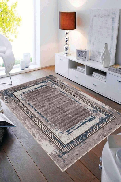 Bej Mavi Modern Klasik Kaymaz Tabanlı Dekoratif Halı AR216 ürün görseli 1