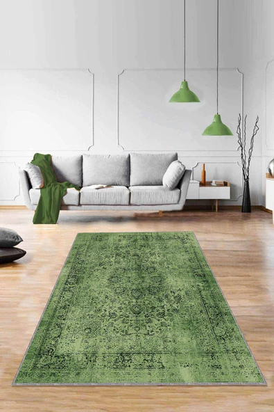 Yeşil Vintage Kaymaz Tabanlı Makinede Yıkanabilir Halı RV280 ürün görseli 1