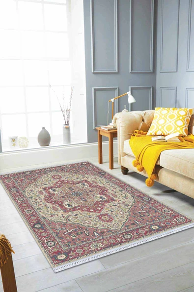 Pembe Klasik Göbekli Dokuma Pamuk Taban Kaymaz Kilim KLM307 ürün görseli 1