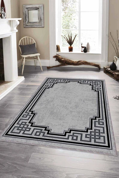 Gri Çerçeveli Kaymaz Tabanlı Makinede Yıkanabilir Halı RV089 ürün görseli 1
