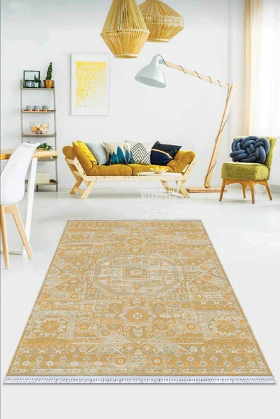 Sarı Vintage Dokuma Pamuk Tabanlı Kaymaz Kilim KLM249 ürün görseli 1