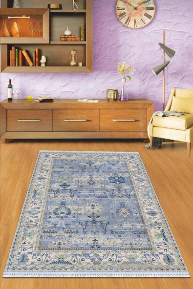 Eflatun Çerçeveli Dokuma Pamuk Taban Kaymaz Kilim KLM295 ürün görseli 1