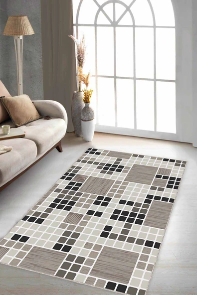 Bej Geometrik Kaymaz Tabanlı Makinede Yıkanabilir Halı PUZ02 ürün görseli 1