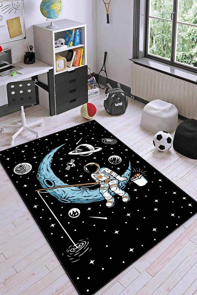 Siyah Kaymaz Taban Uzay Tema Astronotlu Çocuk Halısı AR1159 ürün görseli 1