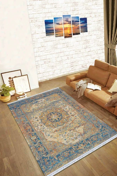 Mavi Klasik Göbekli Dokuma Pamuk Taban Kaymaz Kilim KLM028 ürün görseli 1