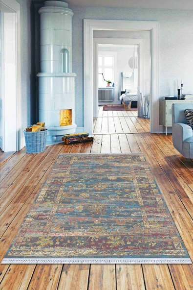 Çok Renkli Çerçeveli Dokuma Pamuk Taban Kaymaz Kilim KLM266 ürün görseli 1