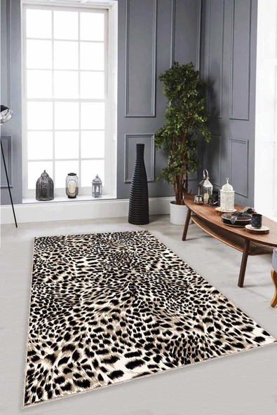 Bej Leopar Kaymaz Tabanlı Makinede Yıkanabilir Halı RV367 ürün görseli 1