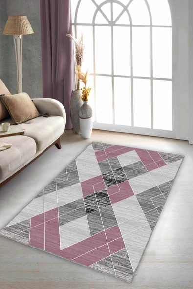 Pembe Geometrik Kaymaz Taban Makinede Yıkanabilir Halı DD003 ürün görseli 1