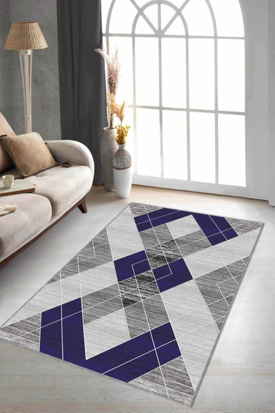 Lacivert Geometrik Kaymaz Tabanlı Dekoratif Halı DD007 ürün görseli 1