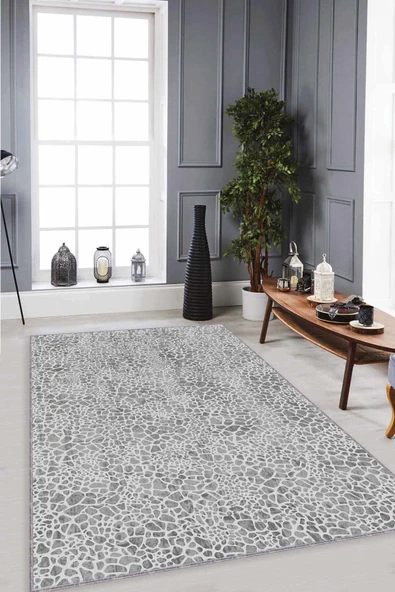 Gri Leopar Kaymaz Tabanlı Makinede Yıkanabilir Halı LE002 ürün görseli 1