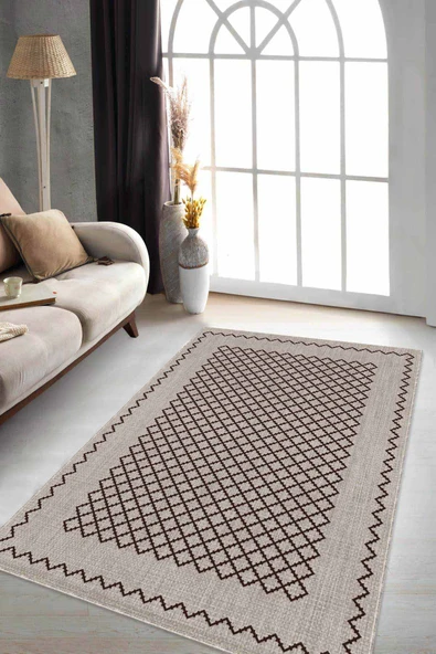 Bej Geometrik Kaymaz Tabanlı Makinede Yıkanabilir Halı RV175 ürün görseli 1