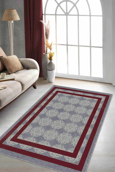 Bordo Çerçeveli Kaymaz Taban Makinede Yıkanabilir Halı RV087 ürün görseli 1