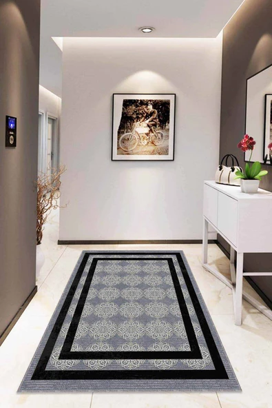 Gri Çerçeveli Kaymaz Tabanlı Makinede Yıkanabilir Halı RV085 ürün görseli 1