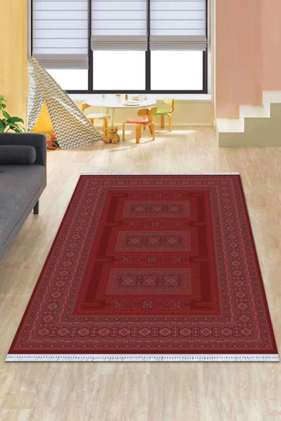 Bordo Yöresel Dokuma Pamuk Tabanlı Kaymaz Kilim KLM337 ürün görseli 1