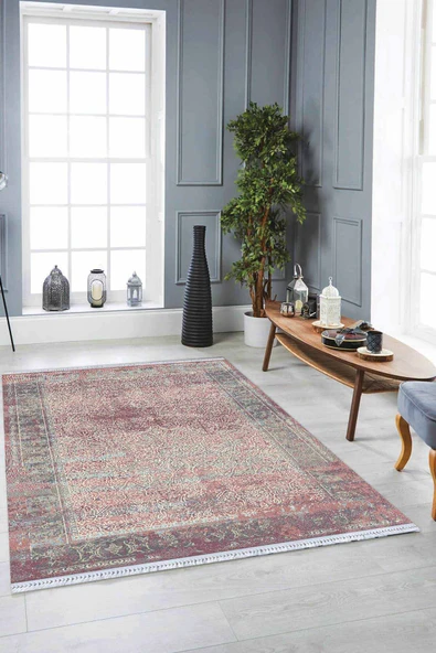 Pembe Çerçeveli Dokuma Pamuk Taban Kaymaz Kilim KLM185 ürün görseli 1