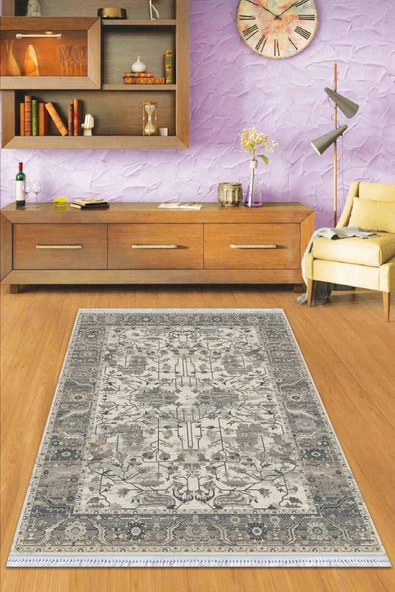 Gri Çerçeveli Dokuma Pamuk Tabanlı Kaymaz Kilim KLM349 ürün görseli 1