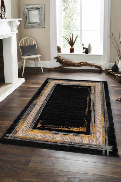 Siyah Modern Klasik Kaymaz Tabanlı Dekoratif Halı AR218 ürün görseli 1