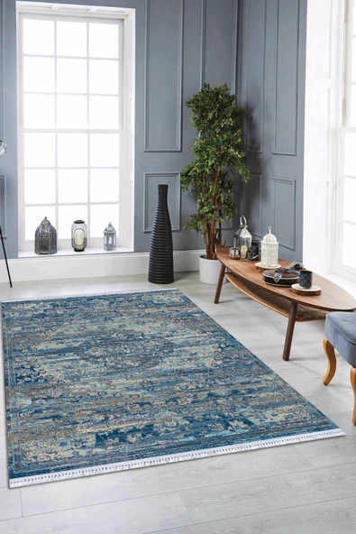 Mavi Vintage Dokuma Pamuk Tabanlı Kaymaz Kilim KLM270 ürün görseli 1