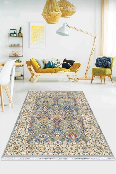 Çok Renkli Çerçeveli Dokuma Pamuk Taban Kaymaz Kilim KLM242 ürün görseli 1