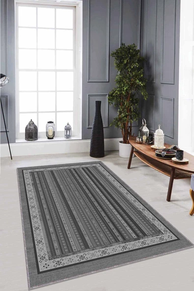 Gri Otantik Kaymaz Tabanlı Makinede Yıkanabilir Halı RV275 ürün görseli 1