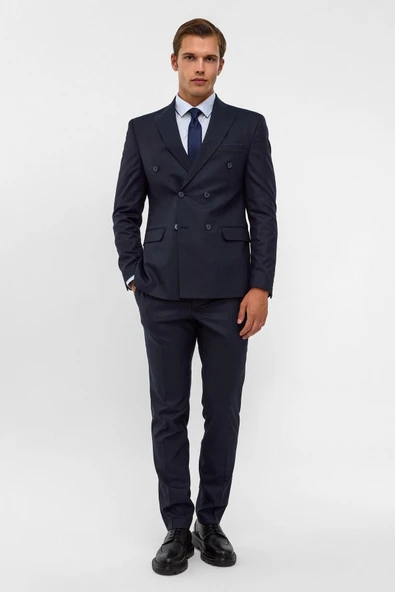 Lacivert Slim Fit Desenli Sivri Yaka 6 Drop Klasik Takım Elbise ürün görseli 1