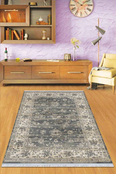 Gri Çerçeveli Dokuma Pamuk Tabanlı Kaymaz Kilim KLM267 ürün görseli 1
