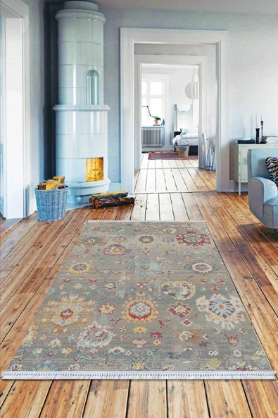 Gri Vintage Dokuma Pamuk Tabanlı Kaymaz Kilim KLM158 ürün görseli 1