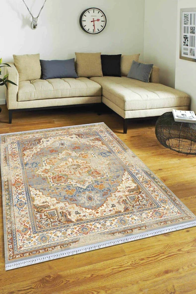 Tarçın Klasik Göbekli Dokuma Pamuk Taban Kaymaz Kilim KLM077 ürün görseli 1