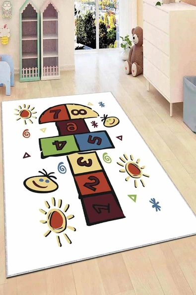 Çok Renkli Kaymaz Tabanlı Seksekli Çocuk Halısı KD064 ürün görseli 1